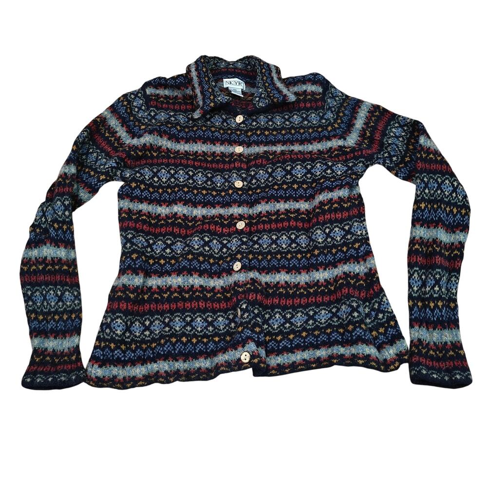 Vintage Skyr Fair Isle Button Front Cardigan Sweater Lambswool Stripe Collar PM